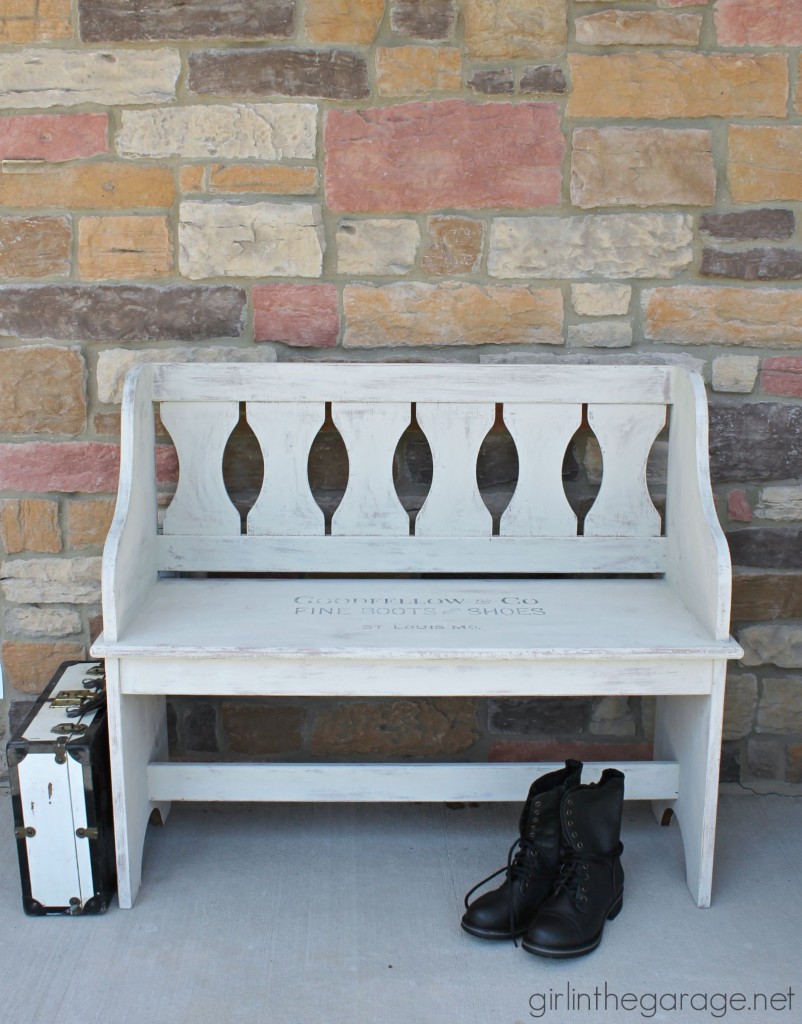 How a dated country bench was painted with Chalk Paint and a vintage sign stencil.  girlinthegarage.net