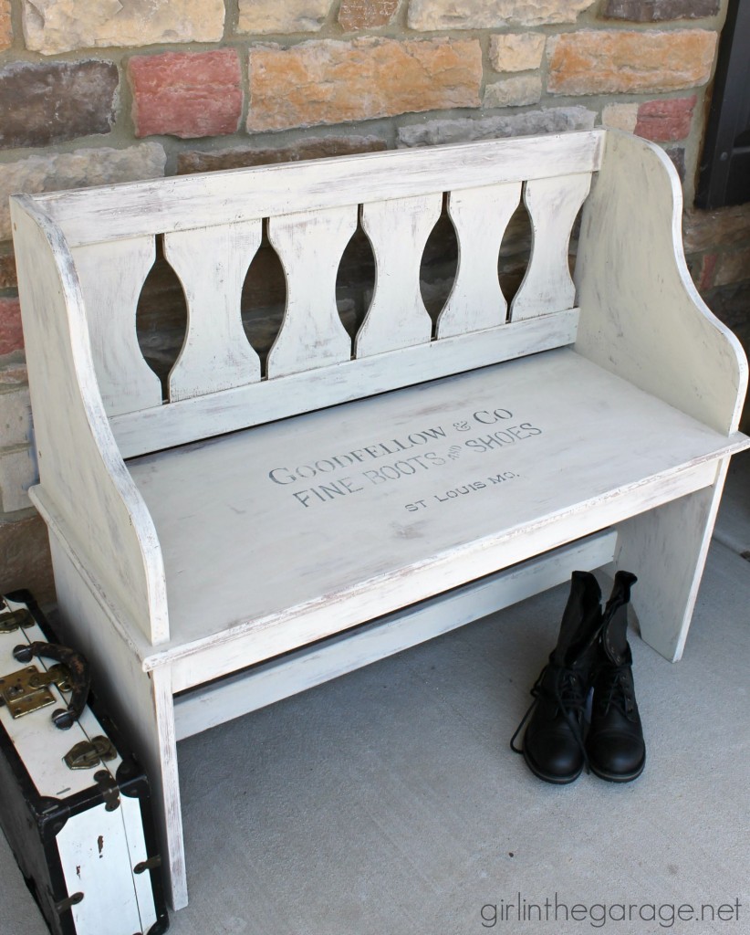 How a dated country bench was painted with Chalk Paint and a vintage sign stencil.  Plus tips for stenciling furniture.  girlinthegarage.net