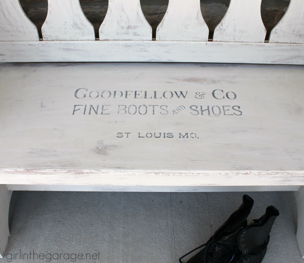 How a dated country bench was painted with Chalk Paint and a vintage sign stencil.  girlinthegarage.net