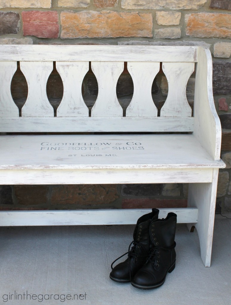 How a dated country bench was painted with Chalk Paint and a vintage sign stencil.  girlinthegarage.net