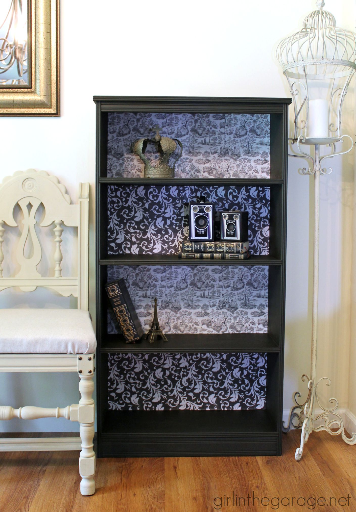 Decoupage bookcase makeover by Girl in the Garage