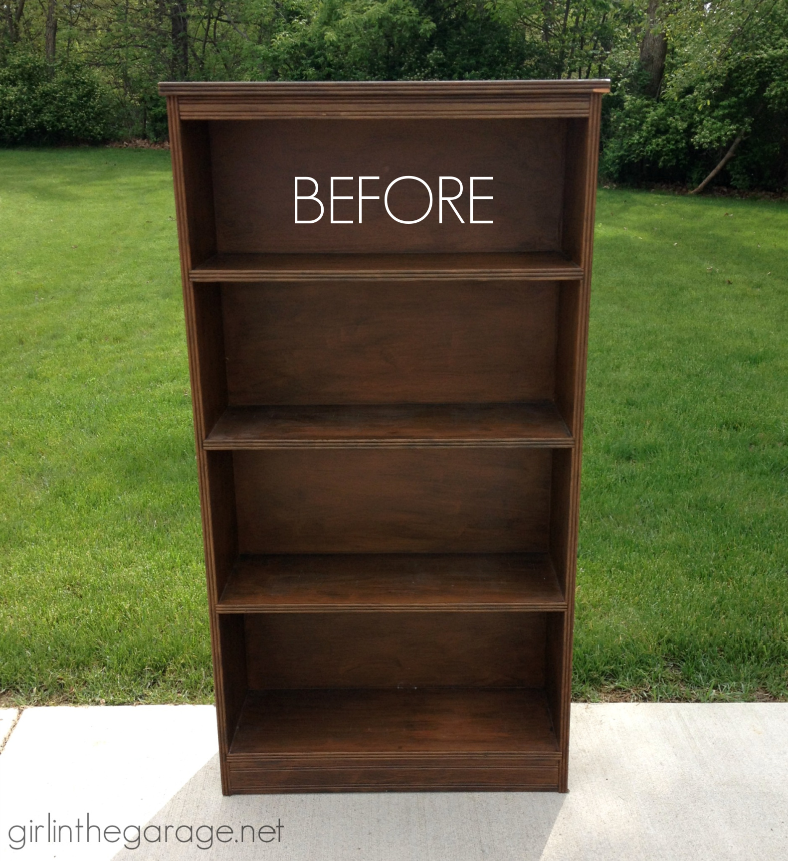 Decoupage Bookcase: How to update a boring bookcase with paint, pretty paper, and Mod Podge. girlinthegarage.net
