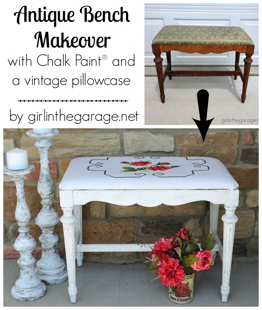 A shabby chic style antique bench makeover with Chalk Paint and recovered with a vintage pillowcase.  girlinthegarage.net