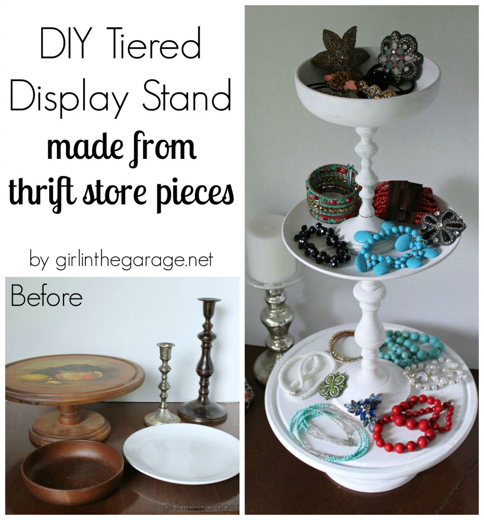 Trash to Treasure: How to make a DIY tiered display stand from random thrift store pieces. girlinthegarage.net