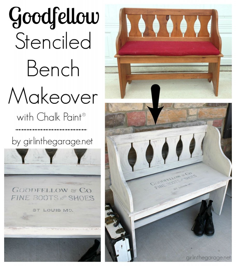 How a dated country bench was painted with Chalk Paint and a vintage sign stencil.  Plus tips for stenciling furniture.  girlinthegarage.net