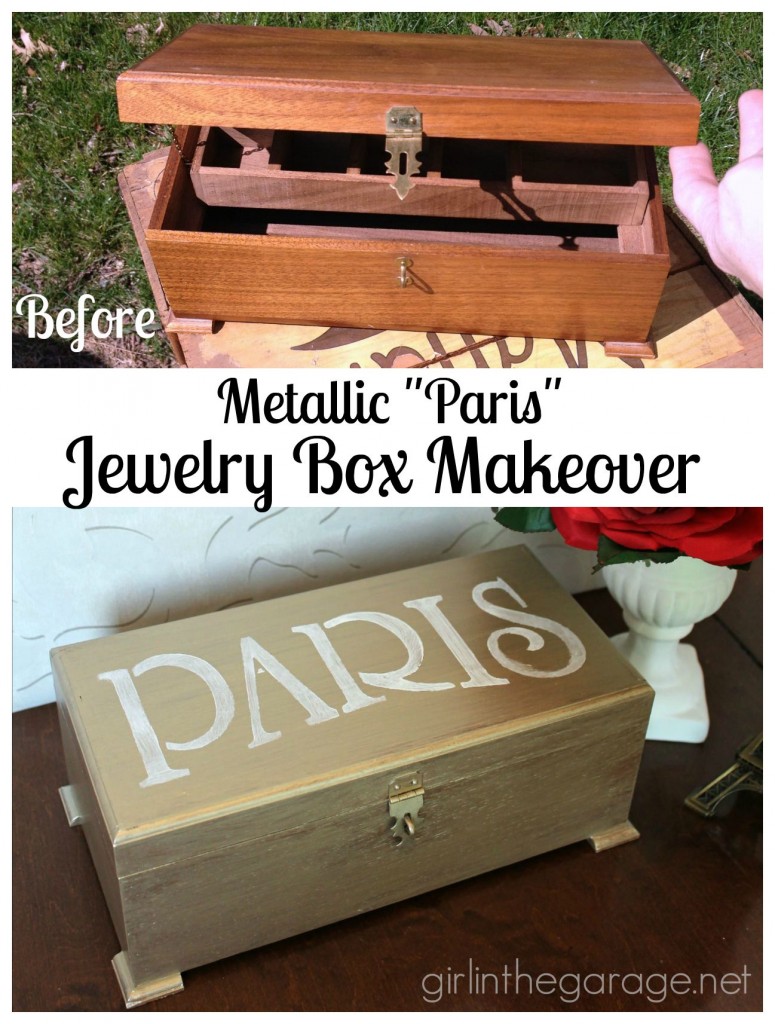Metallic paint and a Paris stencil glam up a yard sale jewelry box.  girlinthegarage.net
