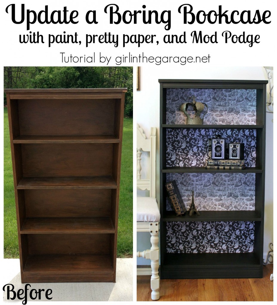 Decoupage Bookcase: How to update a boring bookcase with paint, pretty paper, and Mod Podge. girlinthegarage.net