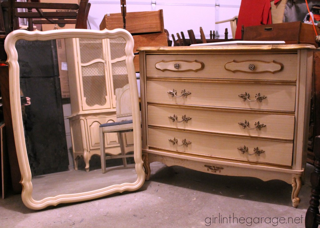 French Provincial dresser makeover with Chalk Paint® and Cherry Blossoms stencil. #MadeItMyOwn girlinthegarage.net