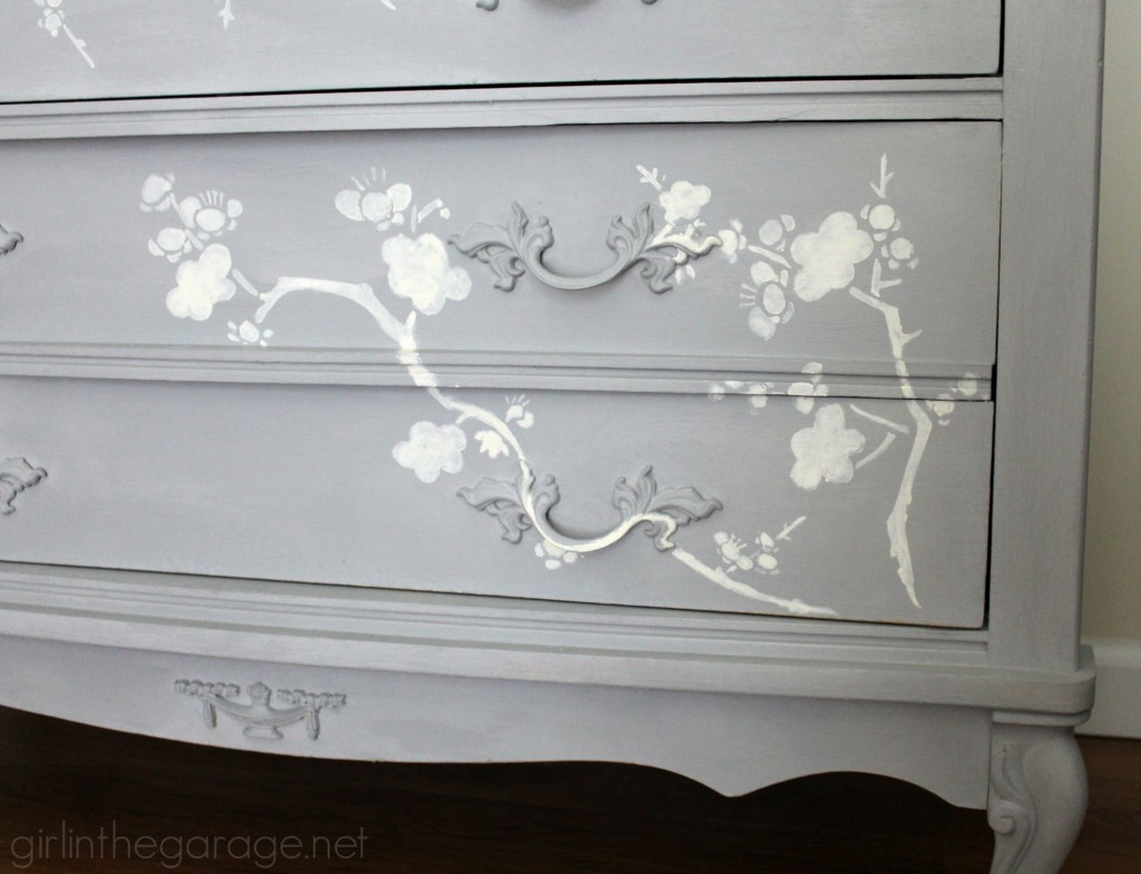 French Provincial dresser makeover with Chalk Paint® and Cherry Blossoms stencil. #MadeItMyOwn girlinthegarage.net