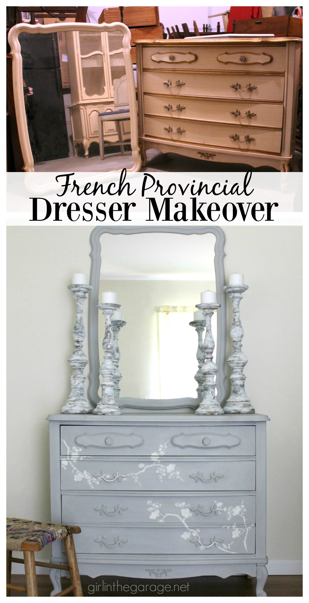 French Provincial dresser makeover with Chalk Paint® and Cherry Blossoms stencil. Girl in the Garage