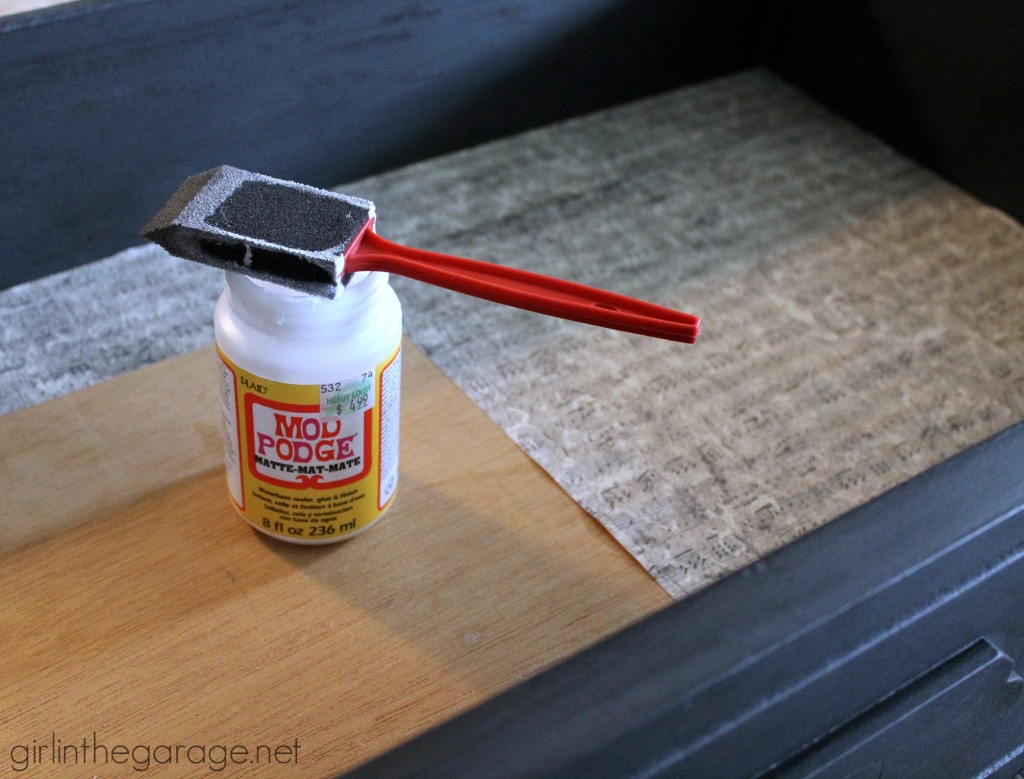 Graphite Chalk Paint table makeover with decoupage drawers - Themed Furniture Makeover Day. girlinthegarage.net