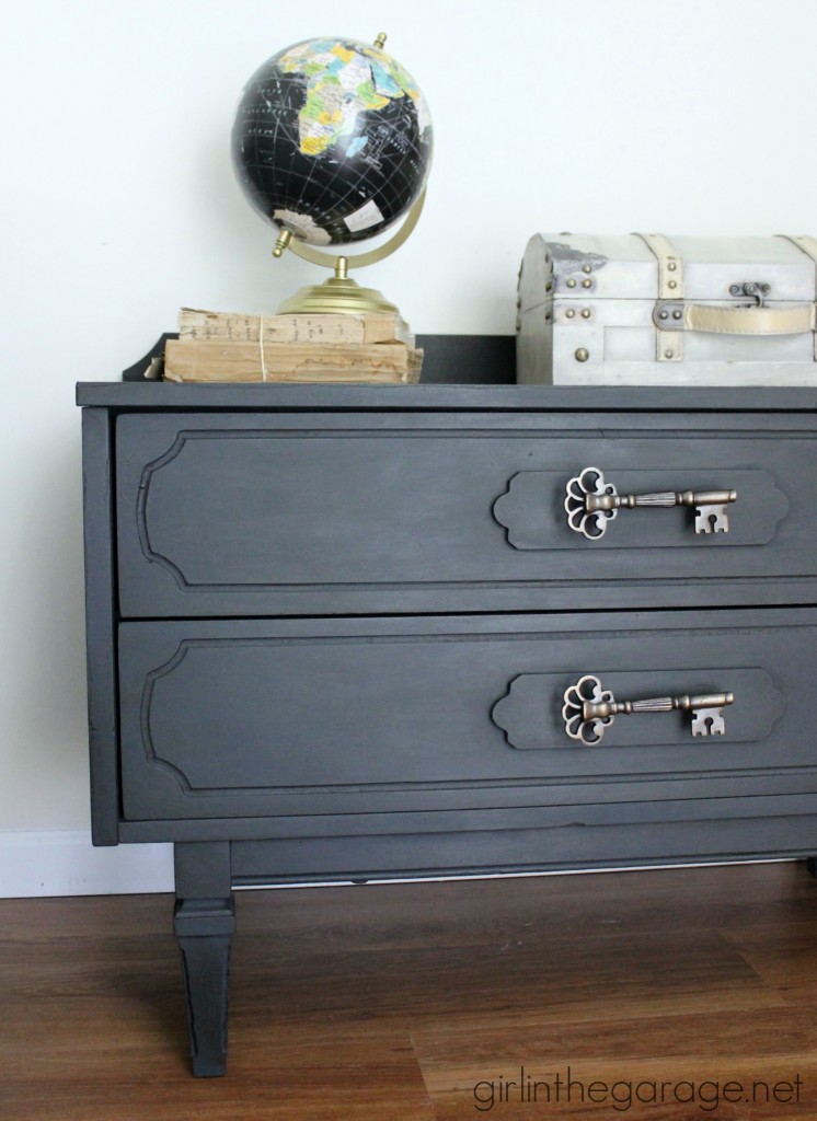 Graphite Chalk Paint table makeover with decoupage drawers - Themed Furniture Makeover Day. girlinthegarage.net