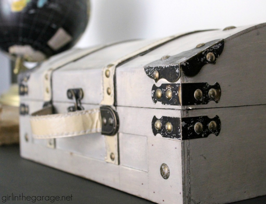 Graphite Chalk Paint table makeover with decoupage drawers - Themed Furniture Makeover Day. girlinthegarage.net