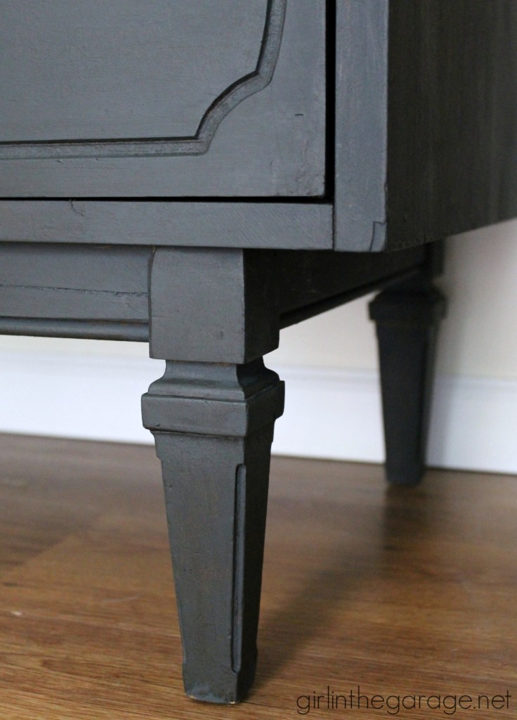 Graphite Chalk Paint table makeover with decoupage drawers - Themed Furniture Makeover Day. girlinthegarage.net
