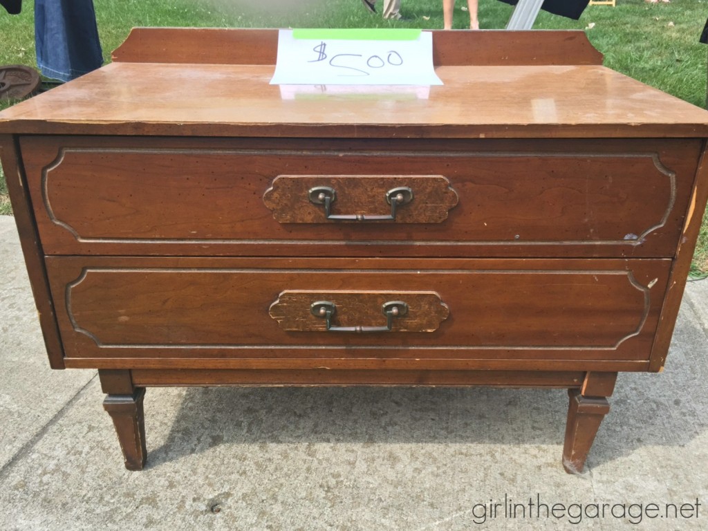 Graphite Chalk Paint table makeover with decoupage drawers - Themed Furniture Makeover Day. girlinthegarage.net