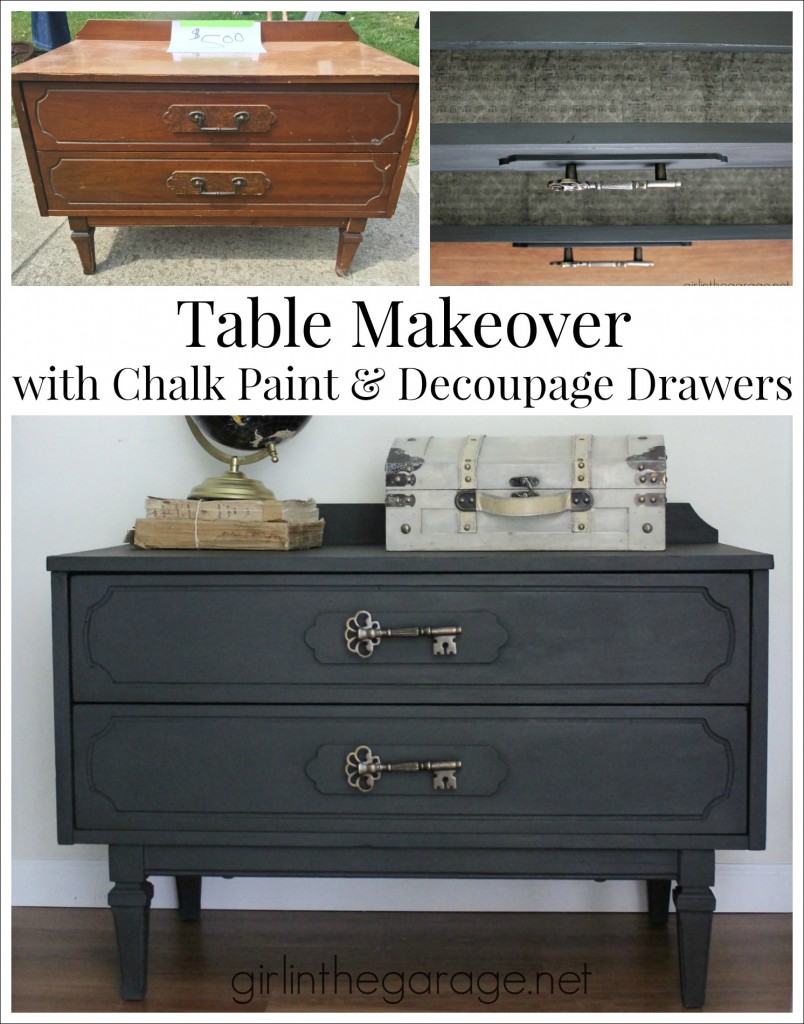 Graphite Chalk Paint table makeover with decoupage drawers - Themed Furniture Makeover Day. girlinthegarage.net