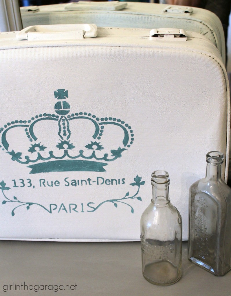 A vintage suitcase makeover with Chalk Paint and French stencil.  girlinthegarage.net