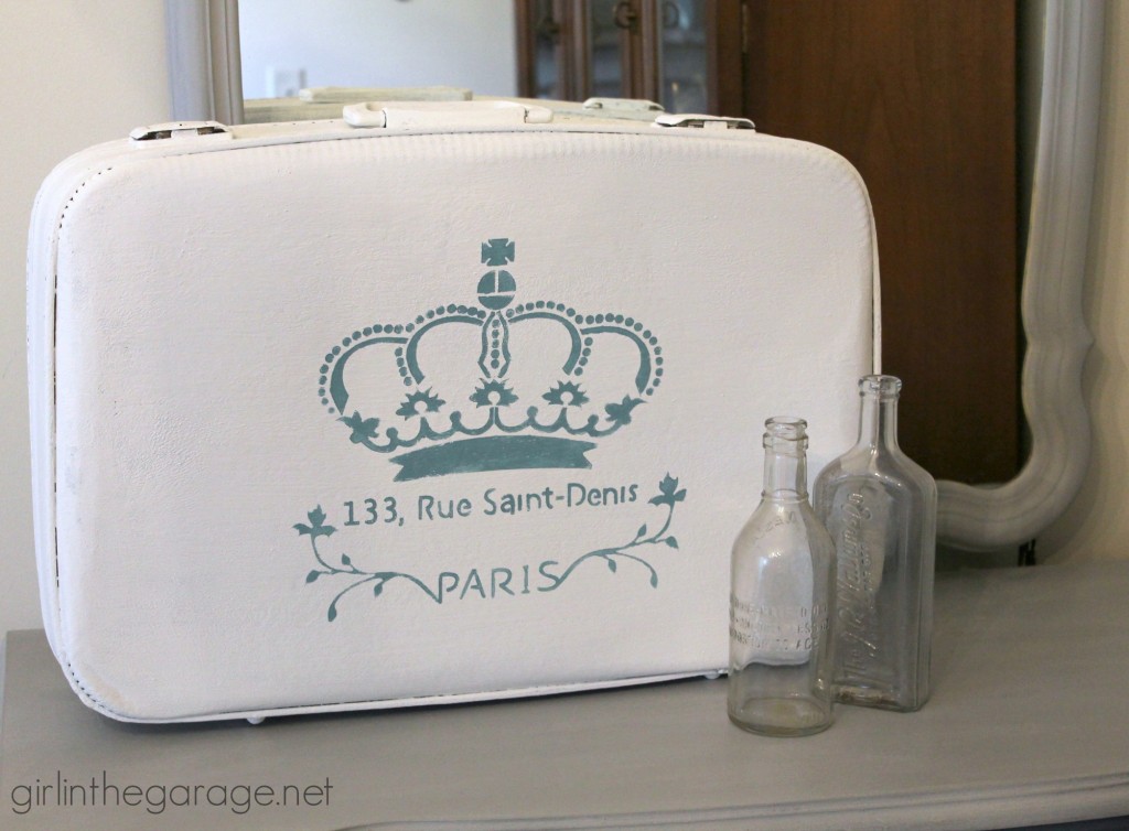 A vintage suitcase makeover with Chalk Paint and French stencil.  girlinthegarage.net