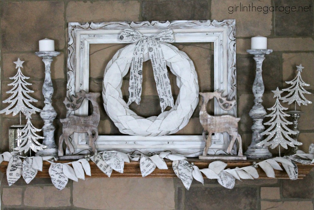 Christmas mantel decorated in white for a winter wonderland theme.