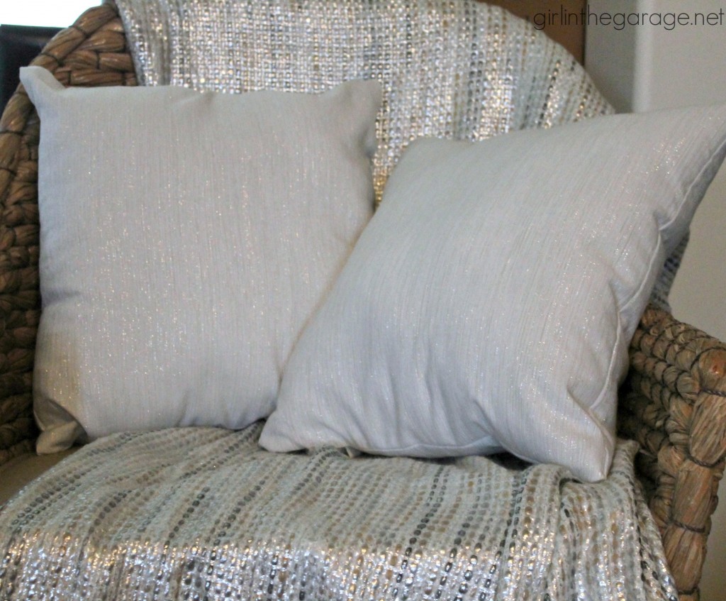 DIY pillows made from Target Threshold metallic napkins. 