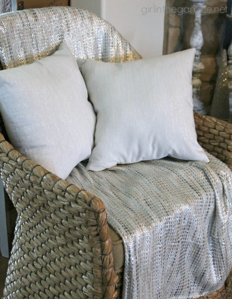 DIY pillows made from Target Threshold metallic napkins.