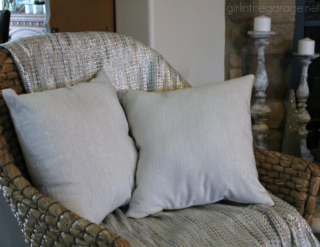 DIY pillows made from Target Threshold metallic napkins. 