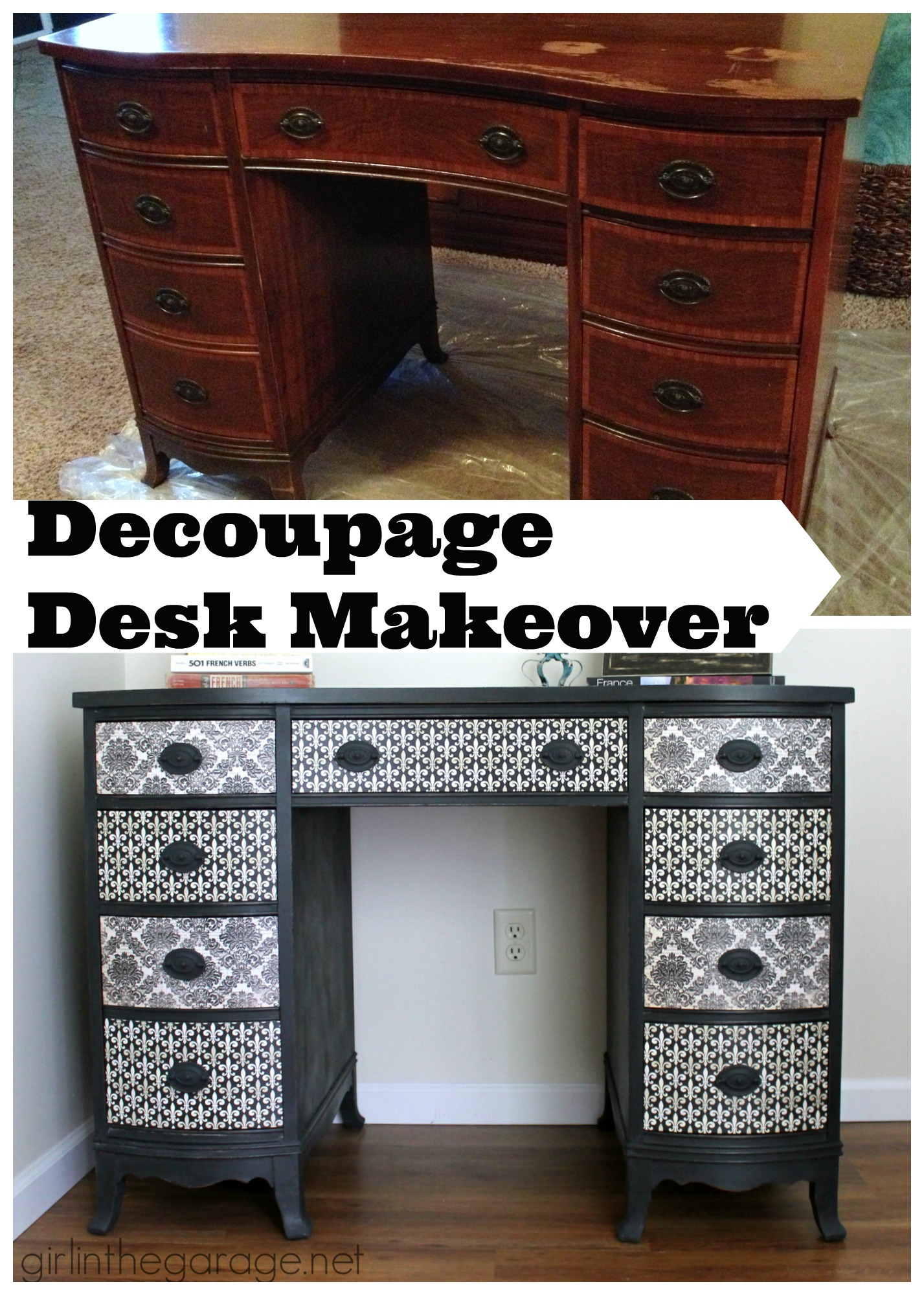 How to decoupage a desk with chic French paper - step by step tutorial by Girl in the Garage