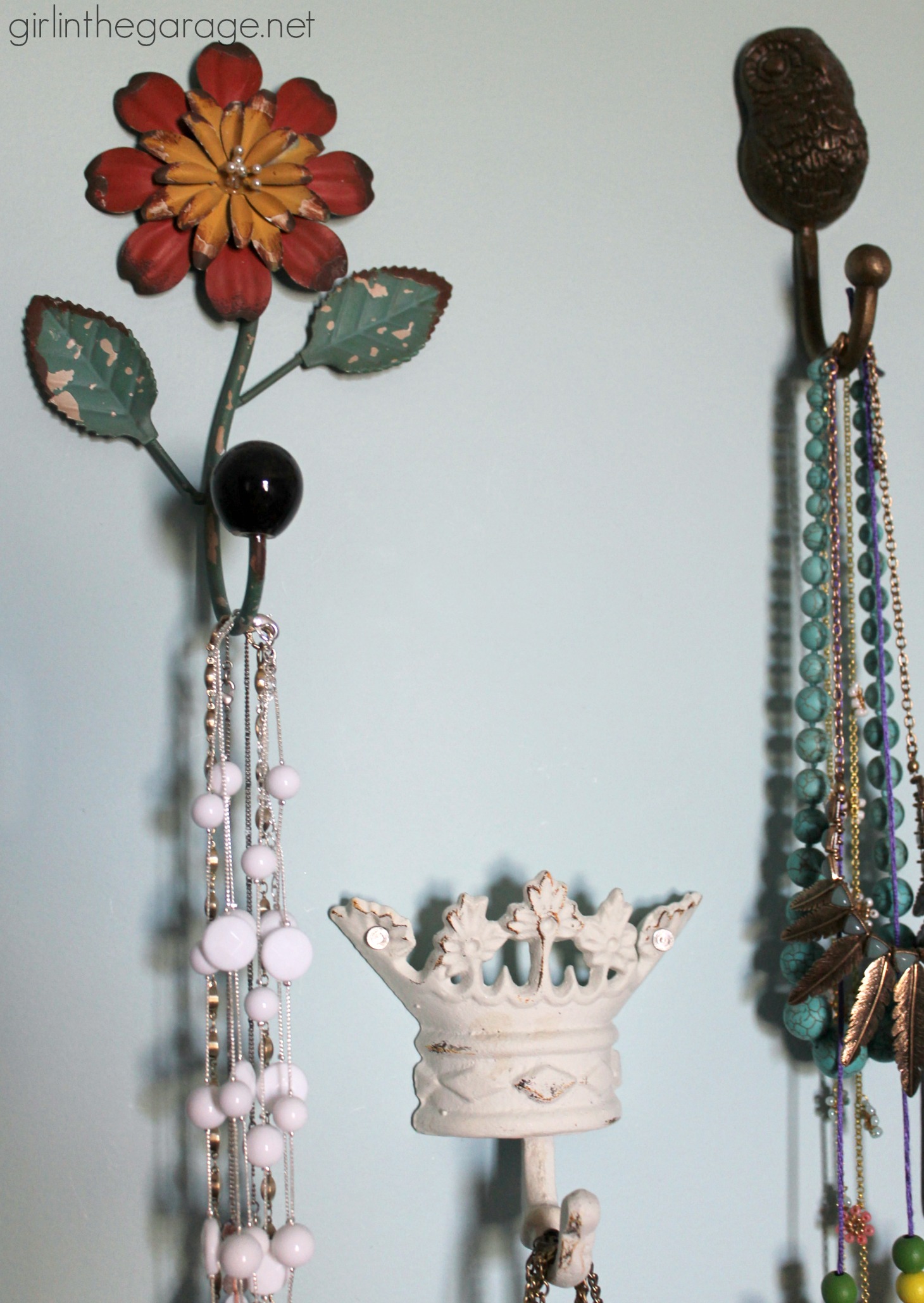 DIY jewelry wall to organize and display necklaces - by Girl in the Garage