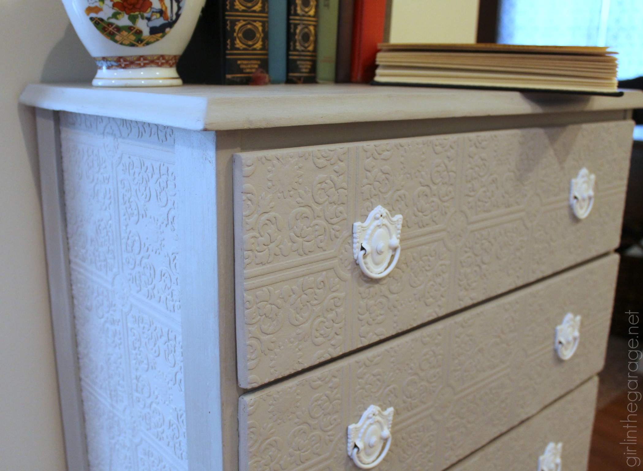 Use Paintable Wallpaper to Cover Ruined Furniture Tops