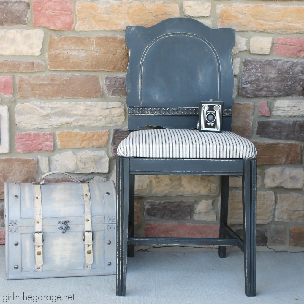 Farmhouse Chair Makeover with Ticking Fabric - Girl in the Garage