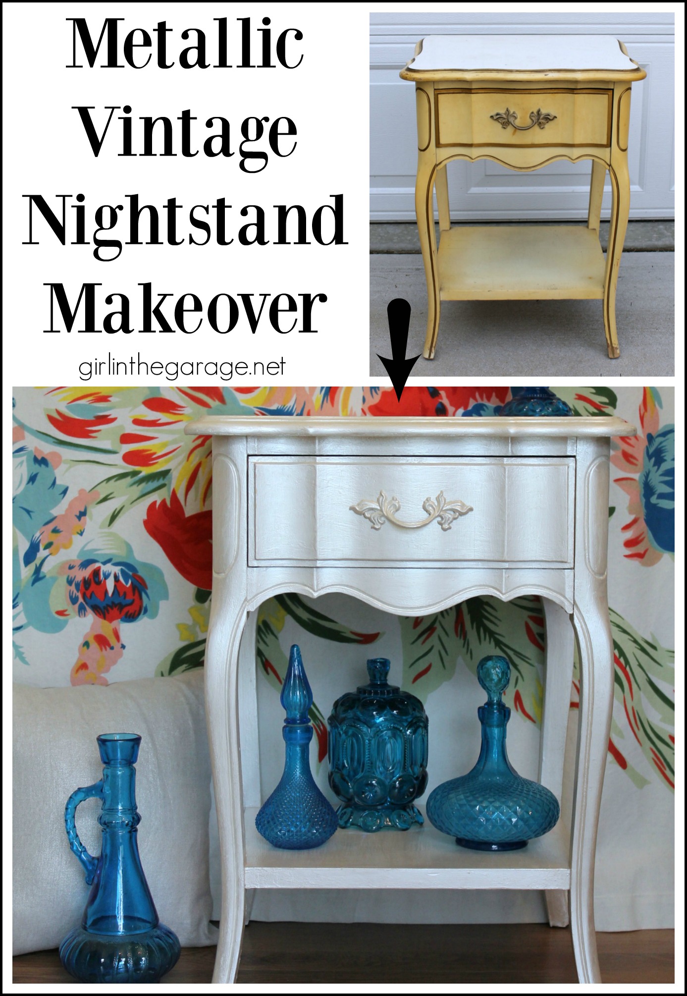 70s French Provincial nightstand makeover to metallic beauty - by Girl in the Garage