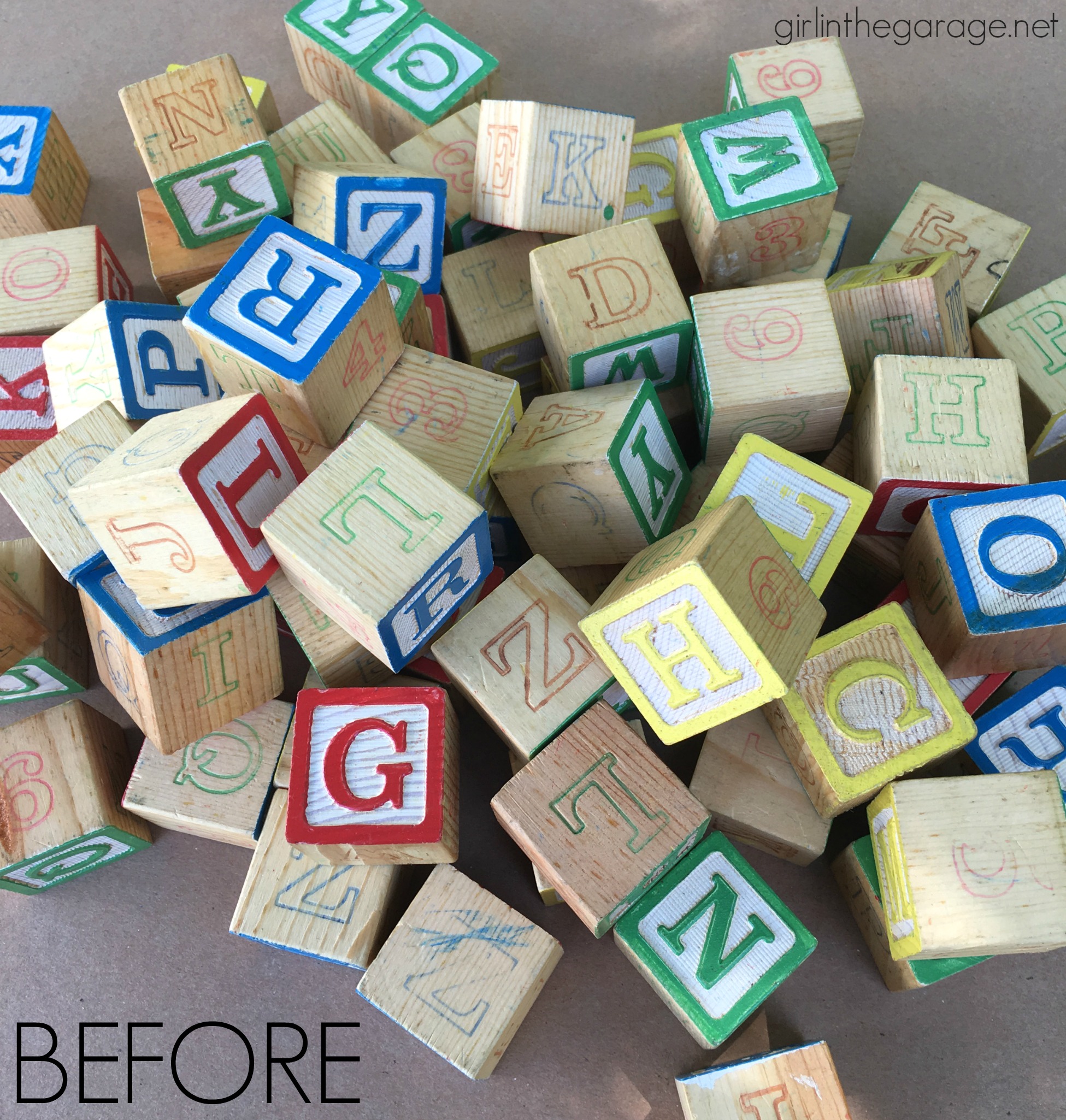 Upcycled painted alphabet blocks - Trash to treasure - Girl in the Garage