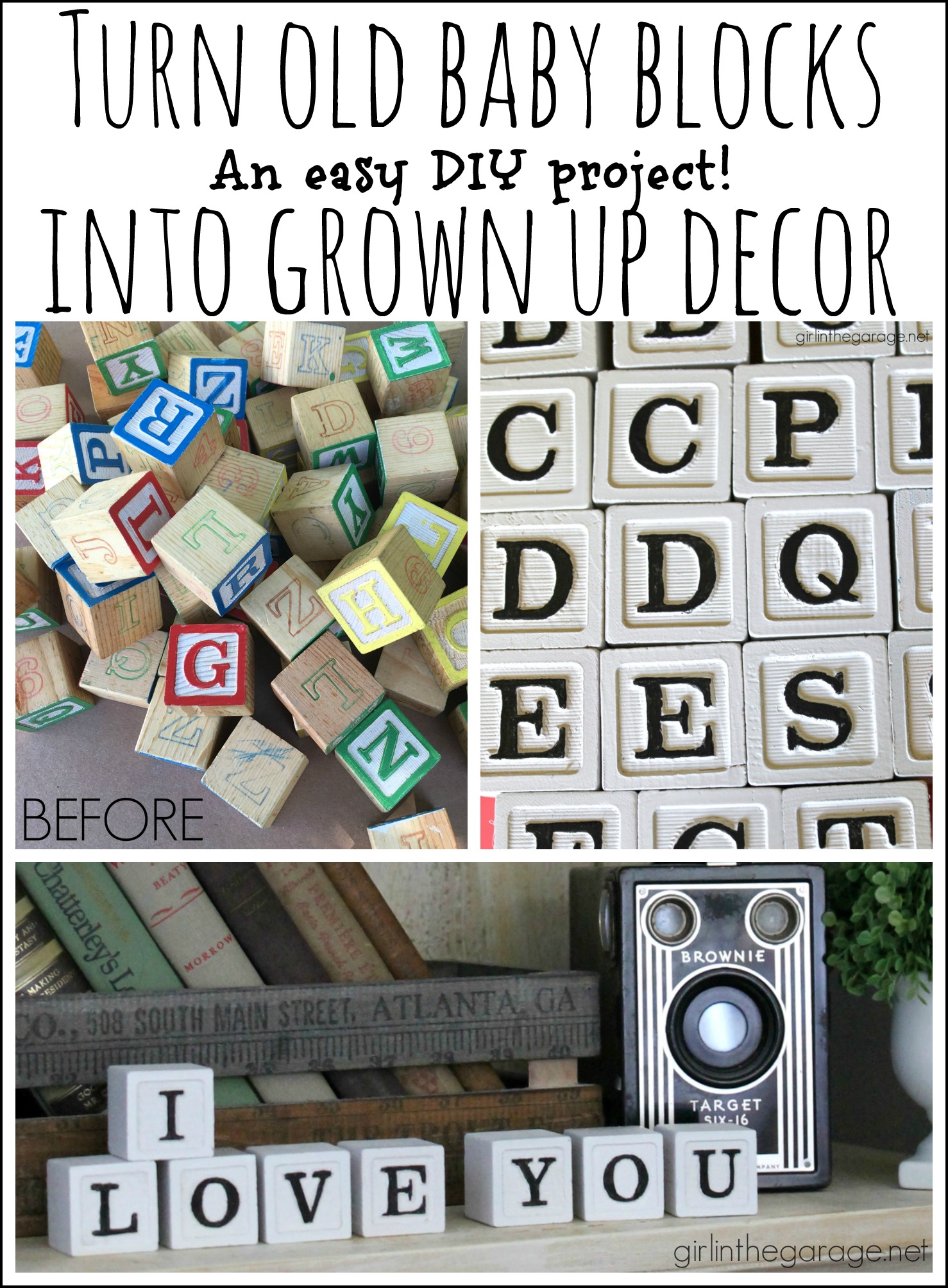 Turn old baby blocks into stylish grown up decor - display meaningful messages in your home. By Girl in the Garage