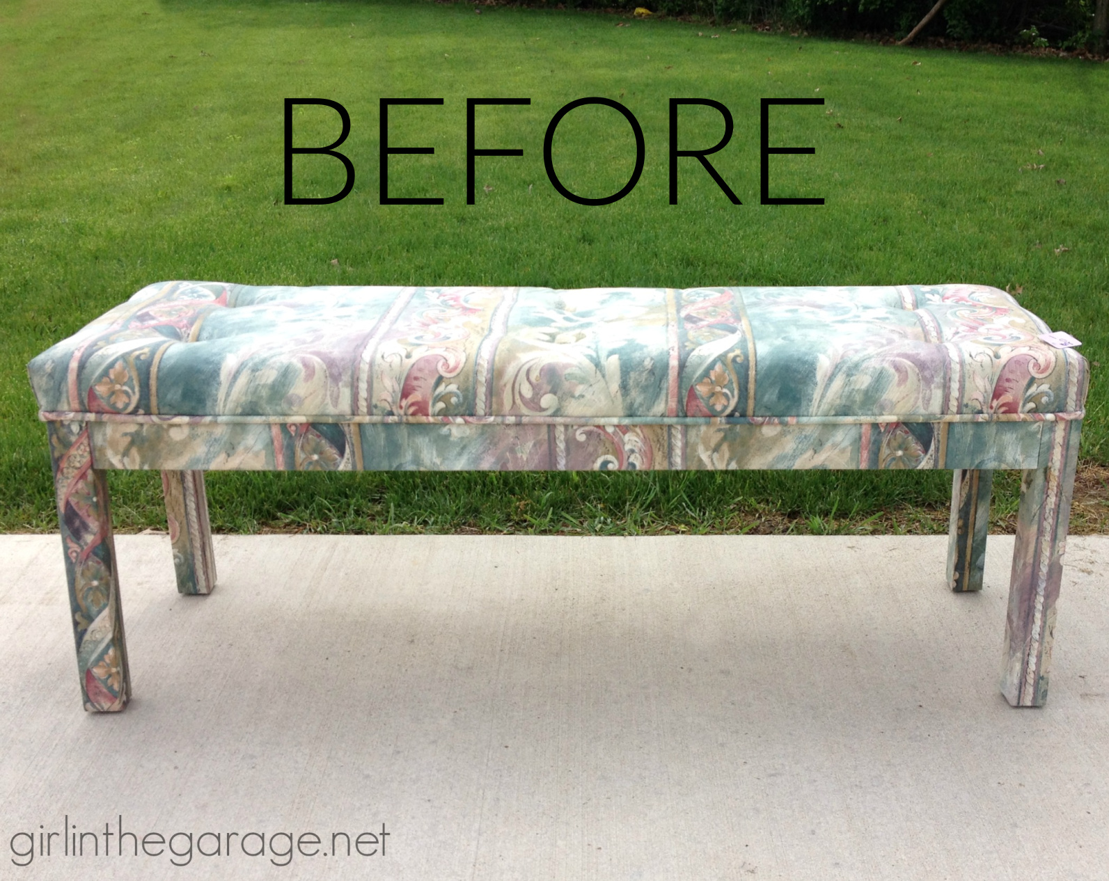 DIY Tufted Reupholstered Bench - Furniture makeover by Girl in the Garage