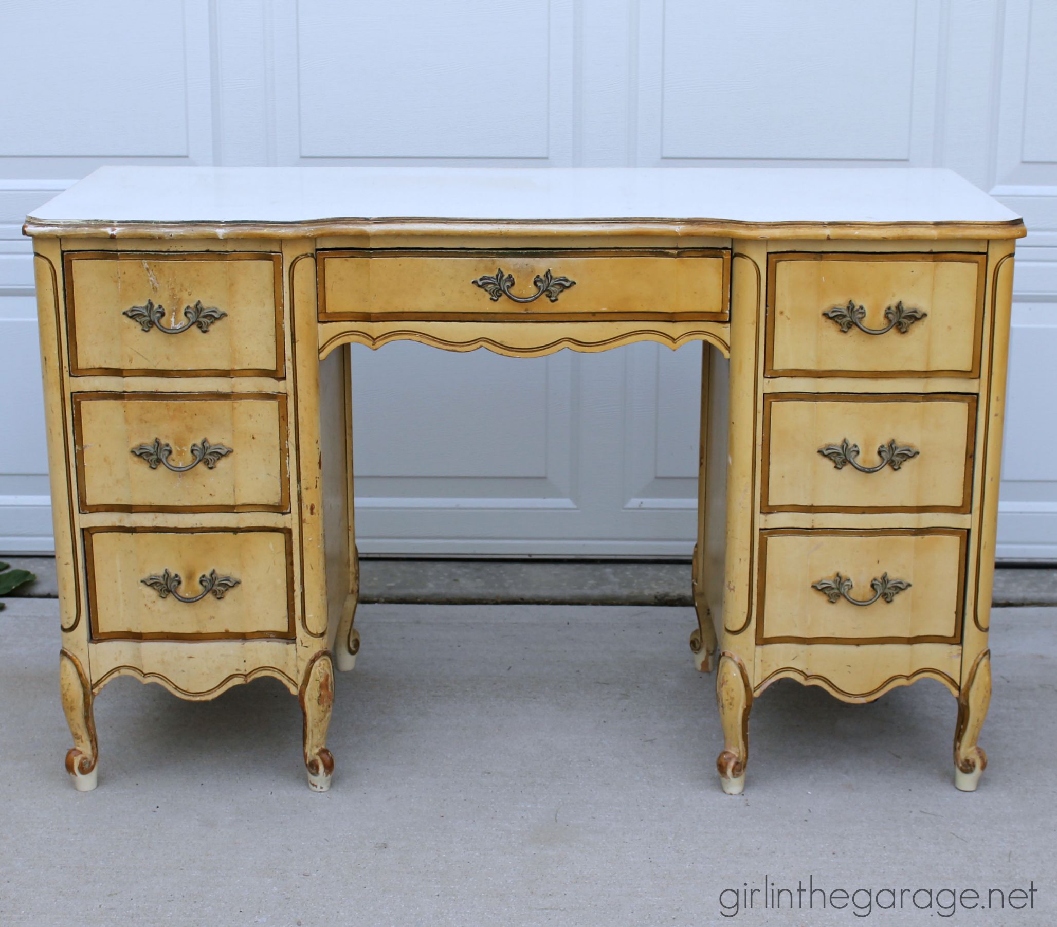 (Before) French Provincial Desk Makeover with Decoupage Drawers - Girl in the Garage