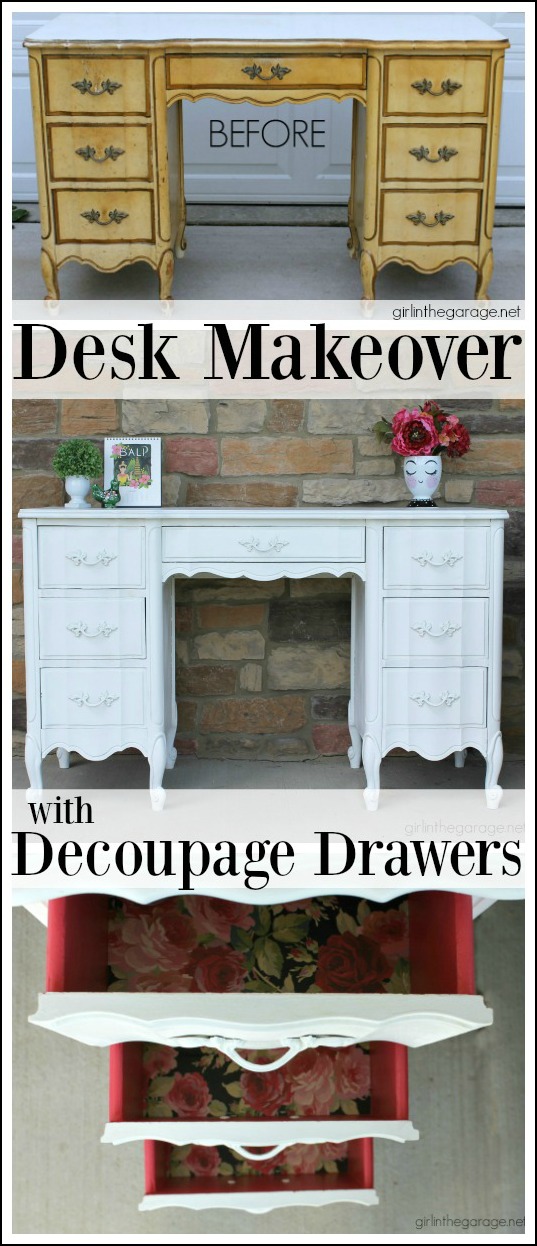 French Provincial Desk Makeover with Decoupage Drawers - Girl in the Garage