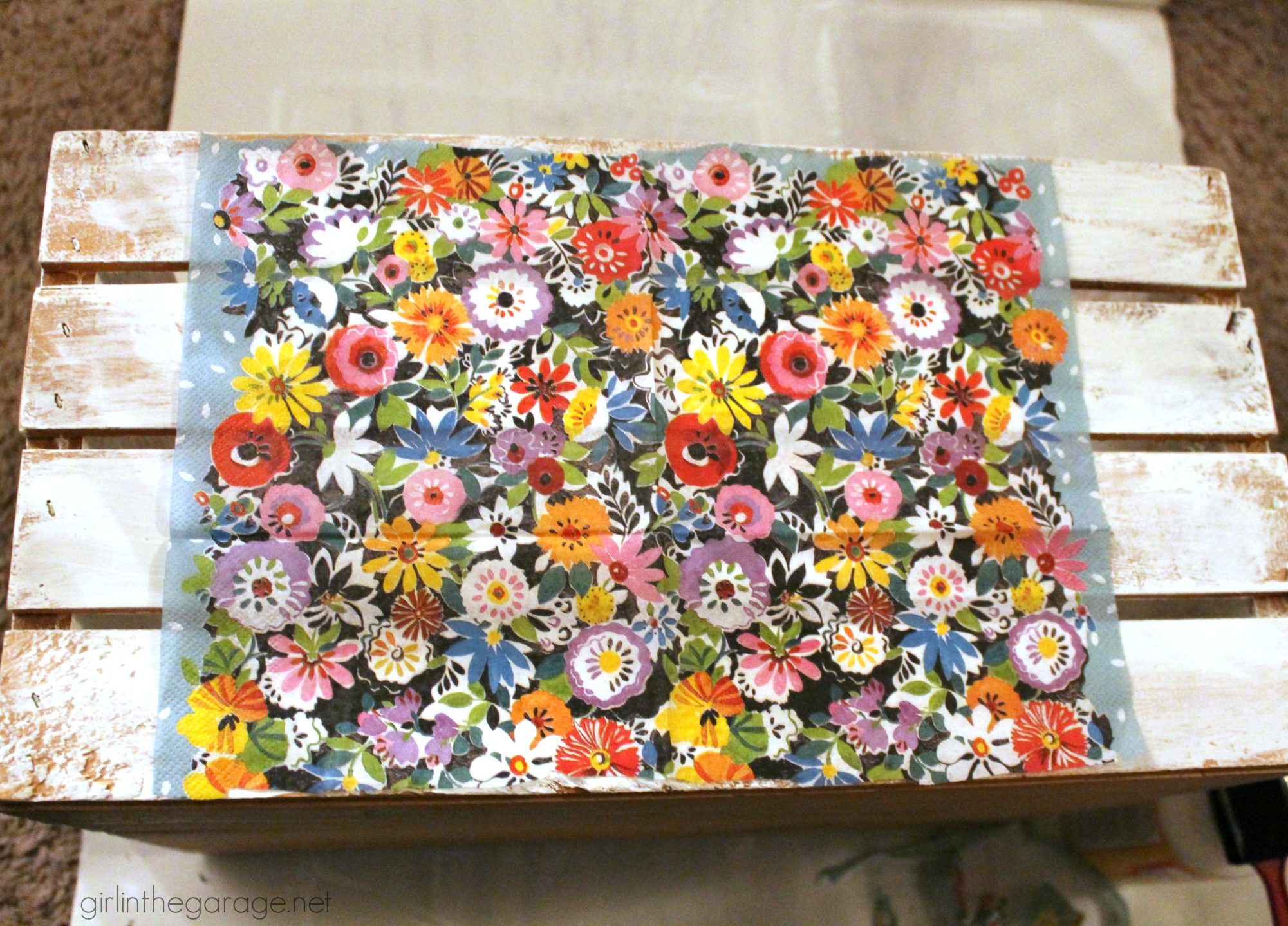 Decoupage Napkins - Upcycled Wooden Crate - DIY Makeover - girlinthegarage.net