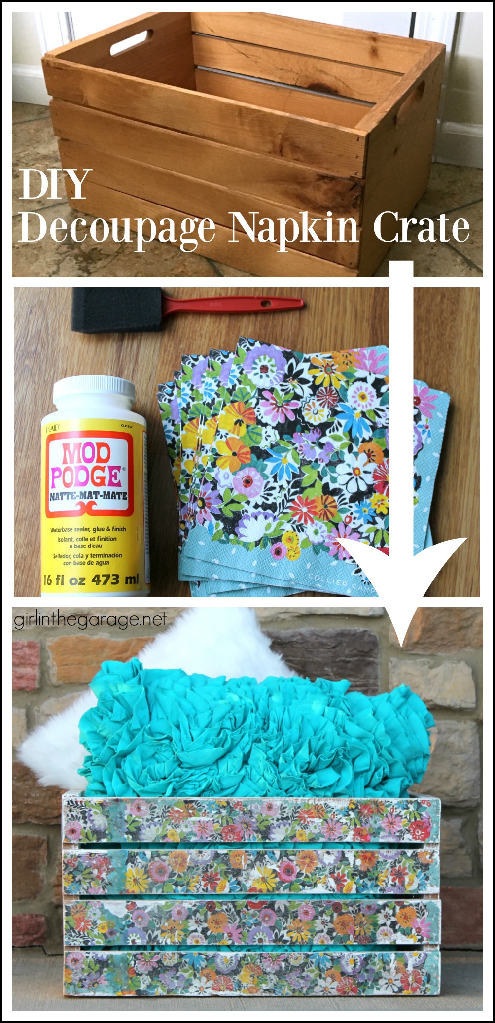 Decoupage Wood with Napkins - Upcycled Wooden Crate - DIY Makeover - girlinthegarage.net