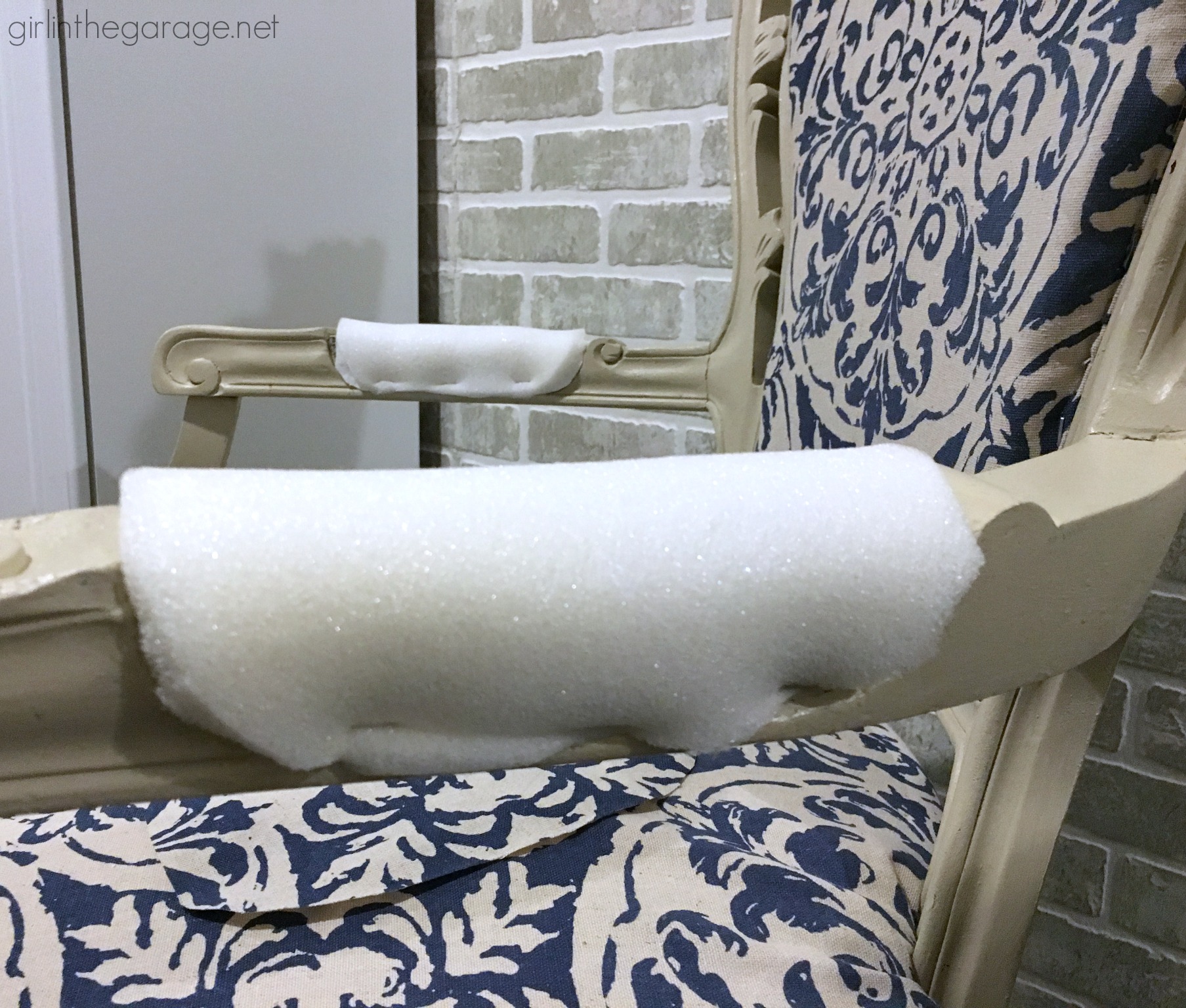 DIY Reupholstered chair makeover with Chalk Paint and clearance curtain as fabric - Girl in the Garage