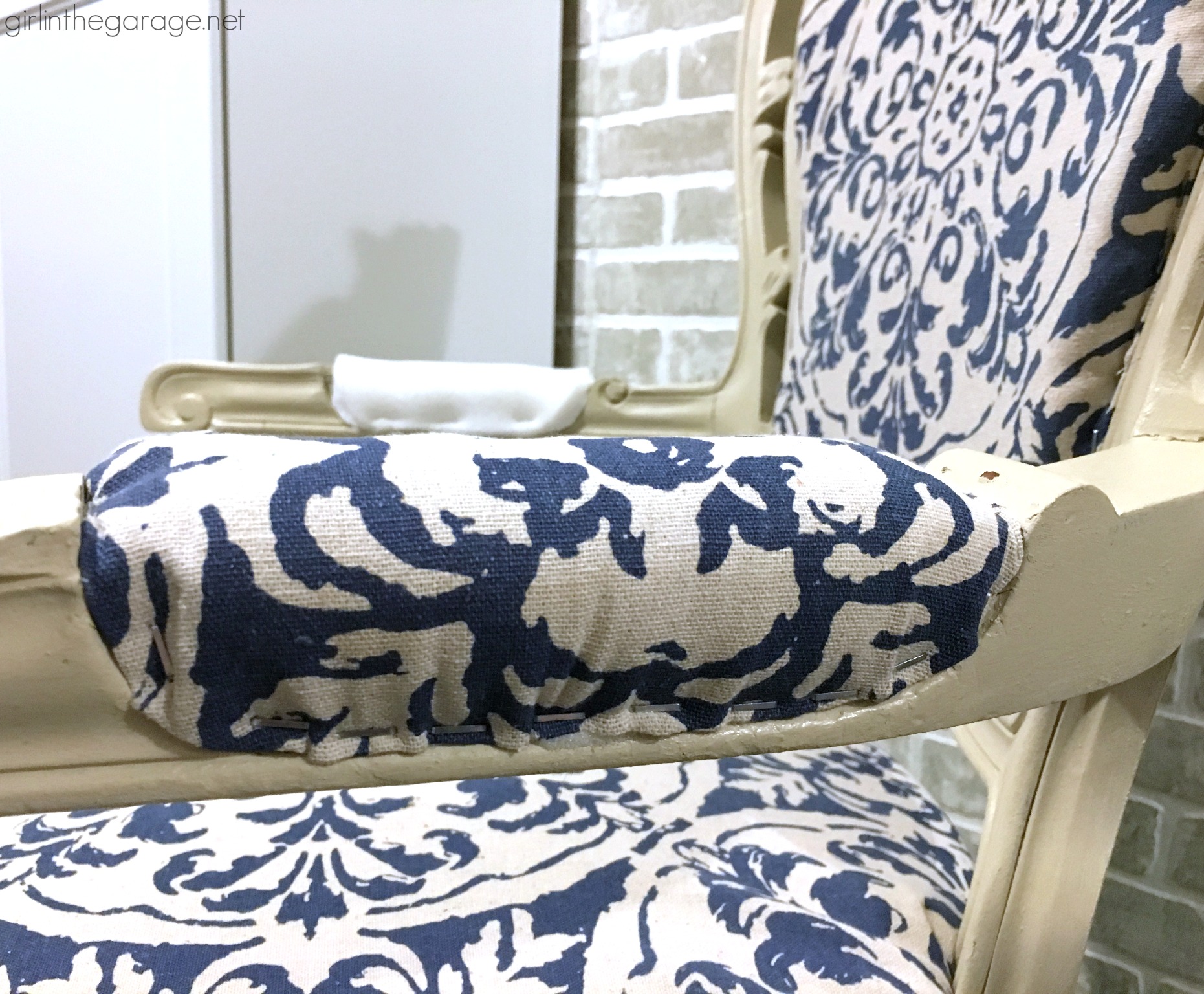 DIY Reupholstered chair makeover with Chalk Paint and clearance curtain as fabric - Girl in the Garage