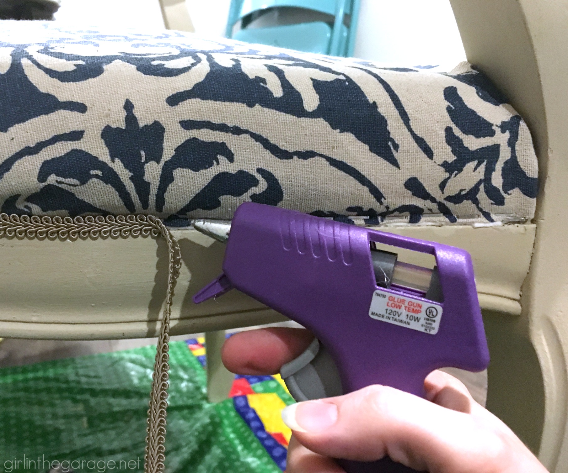 DIY Reupholstered chair makeover with Chalk Paint and clearance curtain as fabric - Girl in the Garage