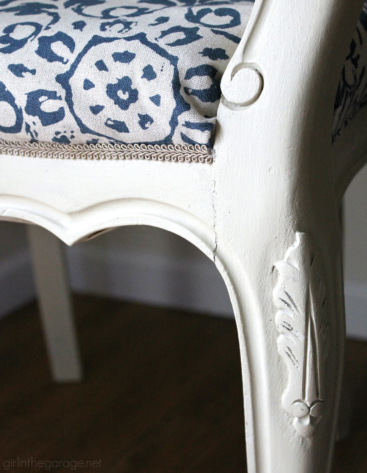 DIY Reupholstered chair makeover with Chalk Paint and clearance curtain as fabric - Girl in the Garage