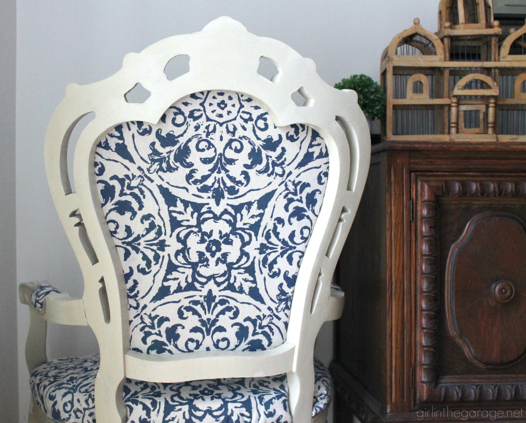 DIY Reupholstered chair makeover with Chalk Paint and clearance curtain as fabric - Girl in the Garage