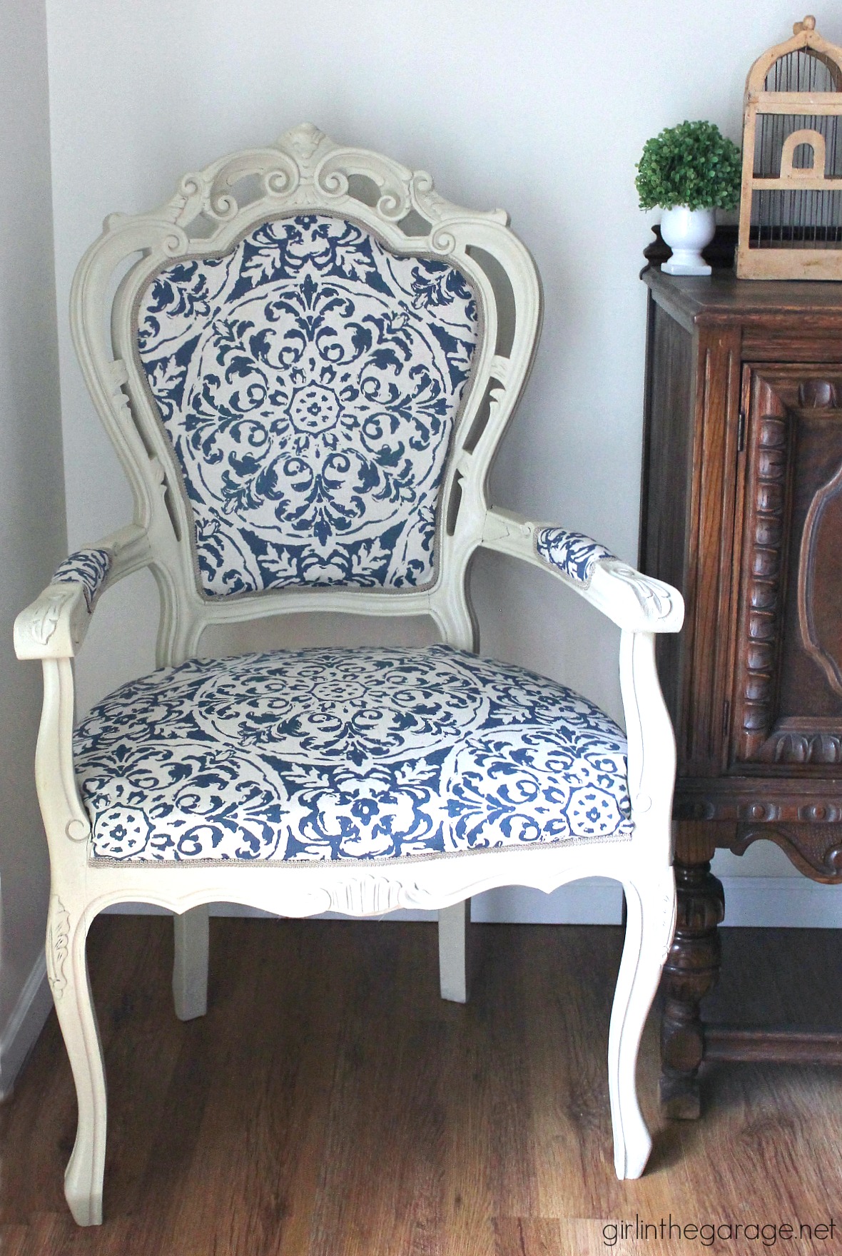 DIY Reupholstered chair makeover with Chalk Paint and clearance curtain as fabric - Girl in the Garage