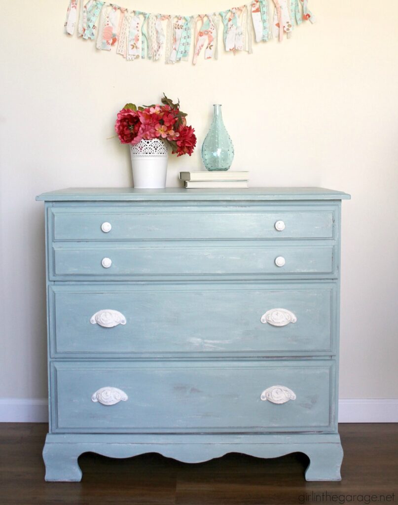 Vintage Duck Egg Blue Dresser Makeover with Decoupage Drawers - Girl in the Garage