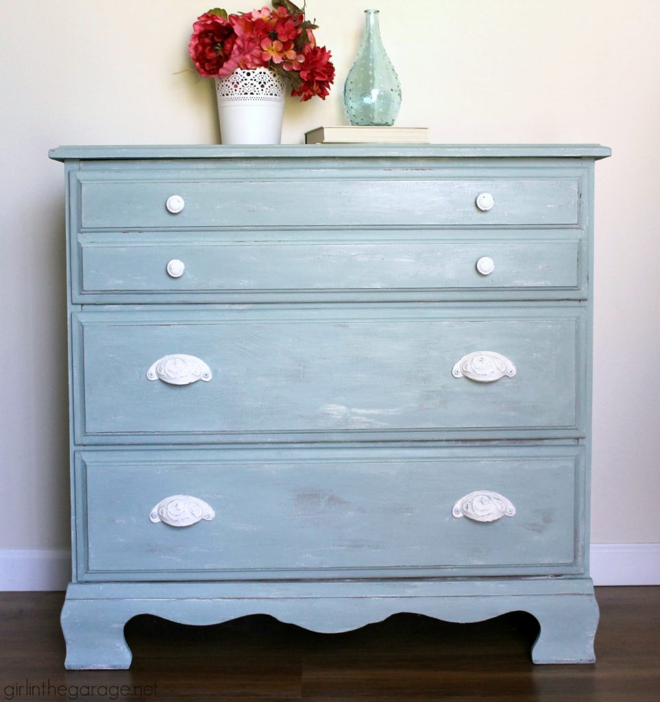 Vintage Duck Egg Blue Dresser Makeover with Decoupage Drawers - Girl in the Garage