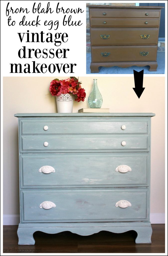 Vintage Duck Egg Blue Dresser Makeover with Decoupage Drawers - Girl in the Garage