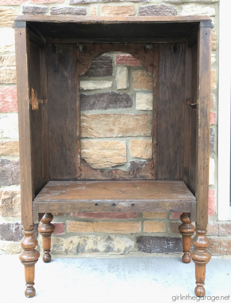 Repurposed antique radio cabinet makeover to bookcase - by Girl in the Garage