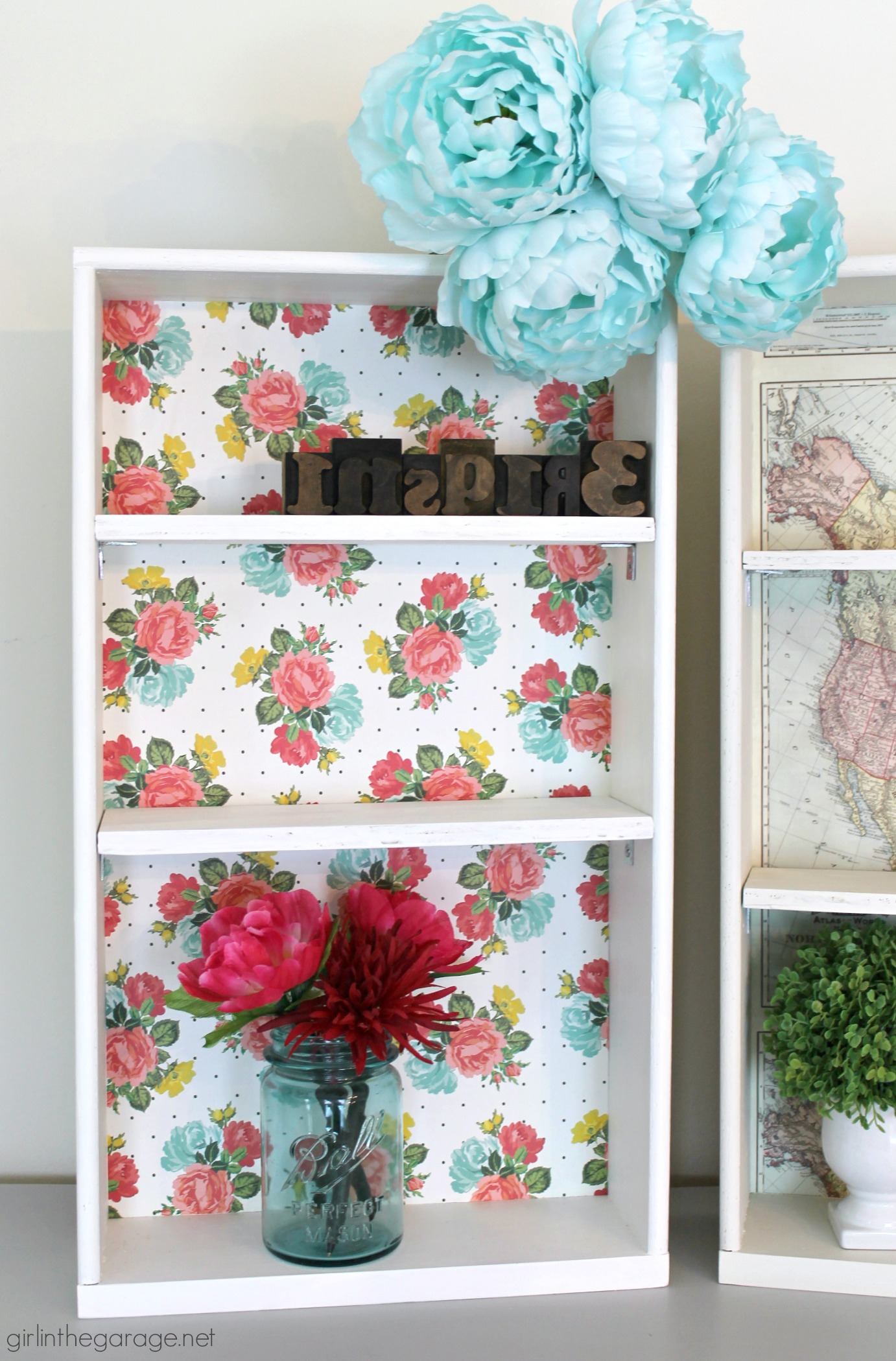 Map Covered Shelf Organizing Using Shoeboxes, Decoupage