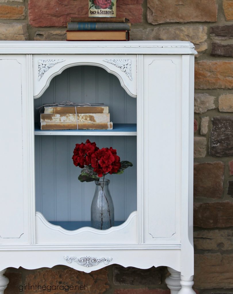 Repurposed antique radio cabinet makeover to bookcase - by Girl in the Garage